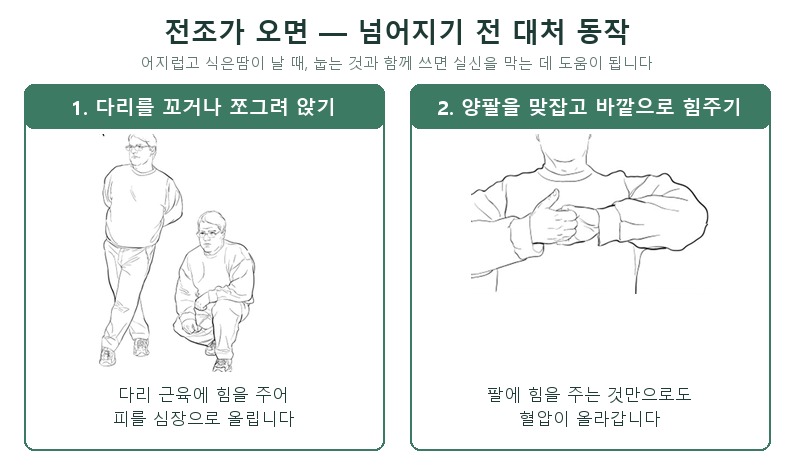 실신을 막는 대처 동작 — 다리를 꼬거나 쪼그려 앉아 다리 근육에 힘을 주는 동작과, 양팔을 맞잡고 바깥으로 힘을 주는 동작